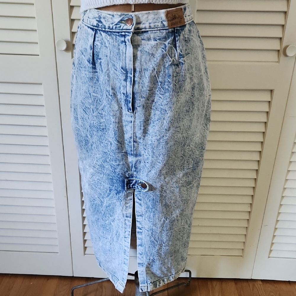 Sierra West Vintage 80's Acid Wash Denim Pencil Skirt With Front Slit